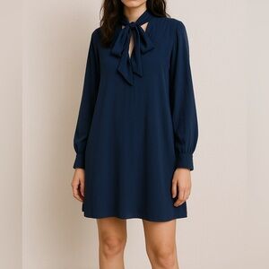 Babaton Reuben Navy Tie Neck Long Sleeve Shift Dress Small NWT Workwear Twee